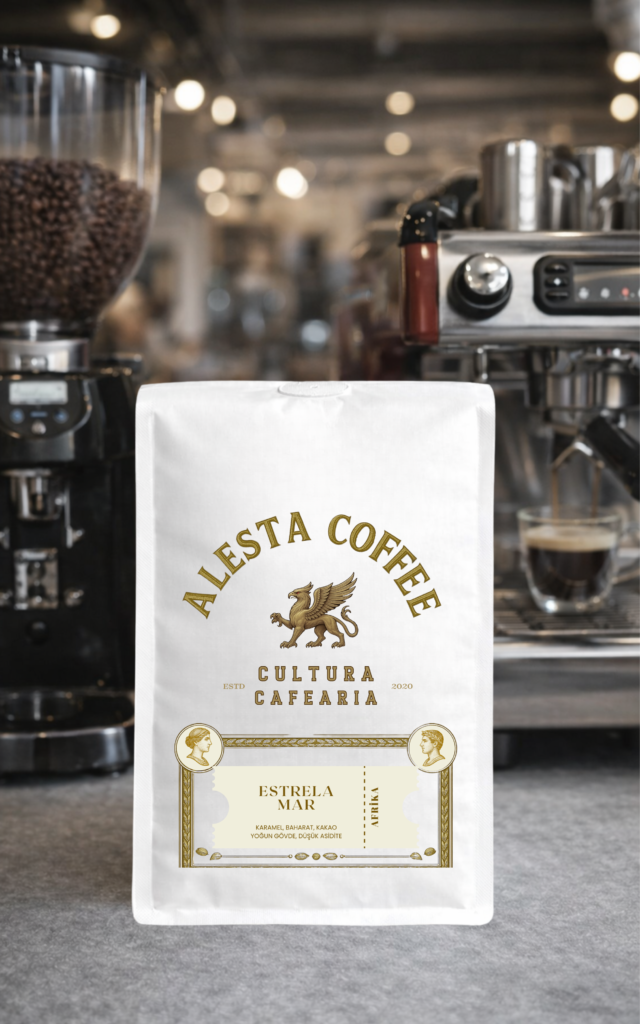 Estrela Mar espresso blend karamel kakao baharat notalı %100 Arabica etiket detayı