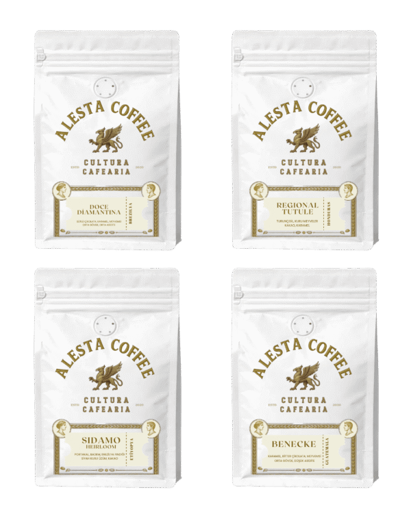 Alesta Coffee 4×150 g nitelikli filtre kahve tadım seti – Brezilya, Honduras, Etiyopya ve Guatemala kahveleri