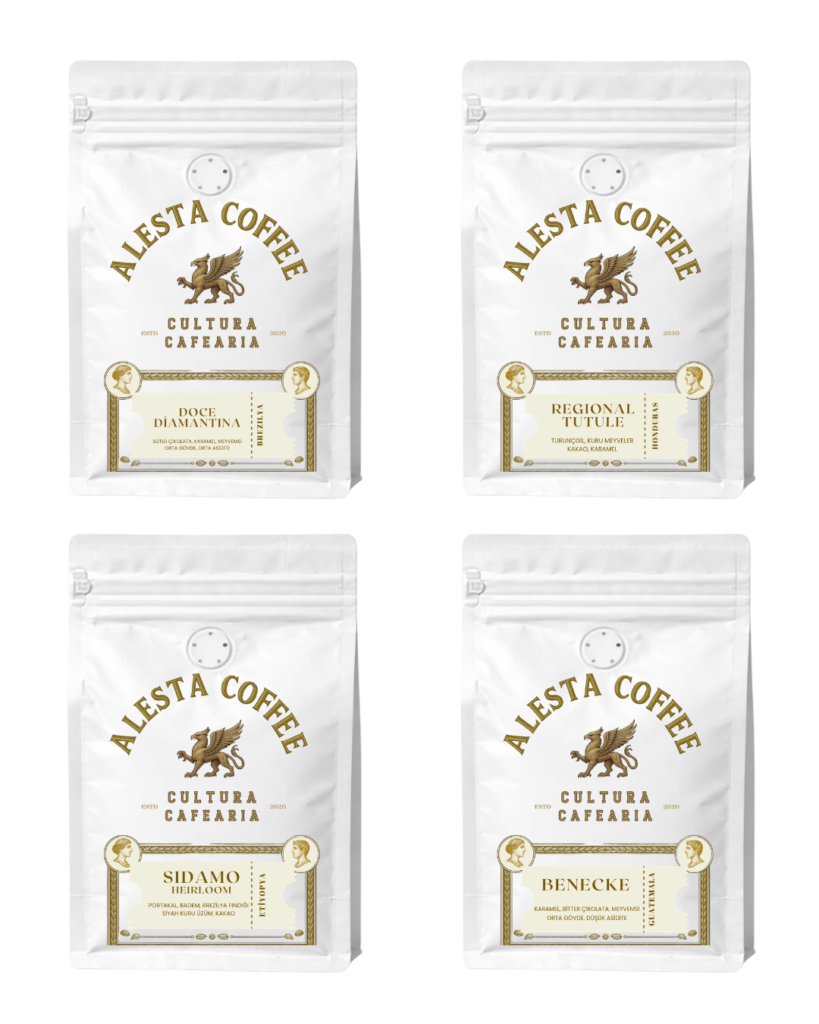 Alesta Coffee 4×150 g nitelikli filtre kahve tadım seti – Brezilya, Honduras, Etiyopya ve Guatemala kahveleri