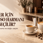 Kafeler için espresso harmanı rehberi kapağında espresso, latte ve profesyonel kahve ekipmanları